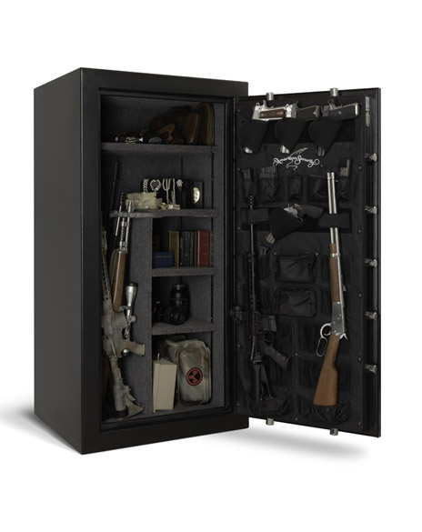 Safes lined up on the Houston Safe & Lock showroom floor