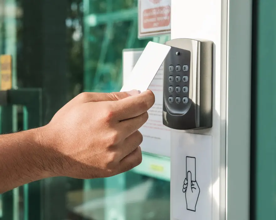 An employee holding a key card to a reader beside a glass office door