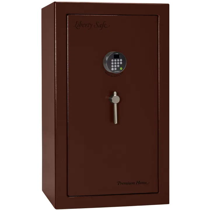 Liberty Premium Home LP12 shown closed in deep red with an electronic keypad and a vertical drop handle.