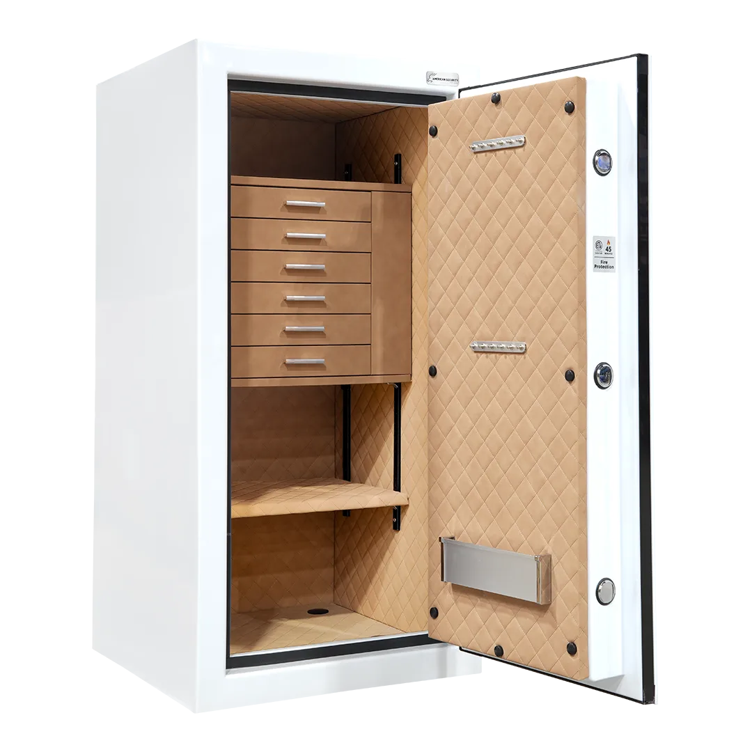 American Security JS4020 jewelry safe shown open with its drawer chest and shelf