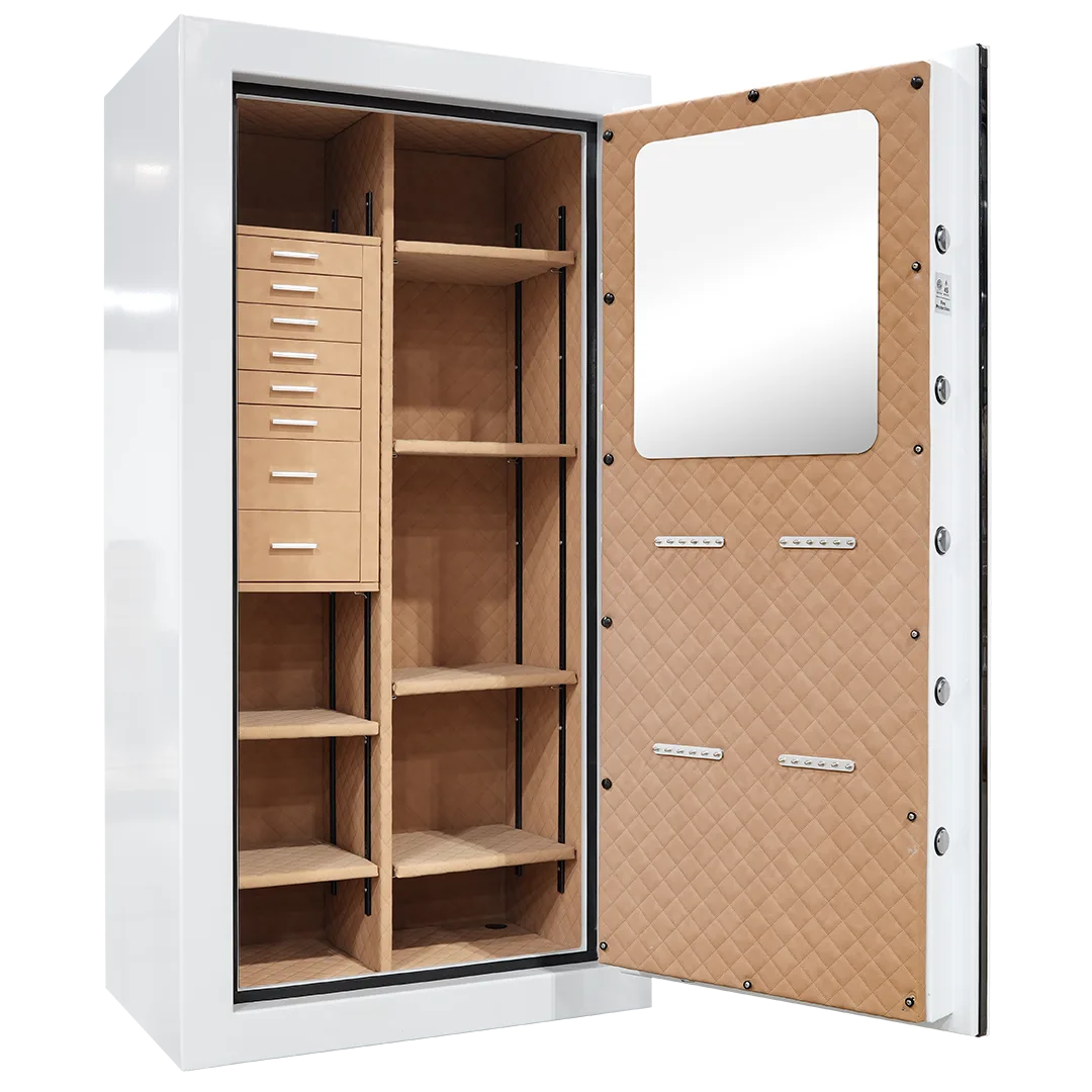 American Security JS5930 jewelry safe shown open with its drawer chest, shelves, mirror and necklace hangers