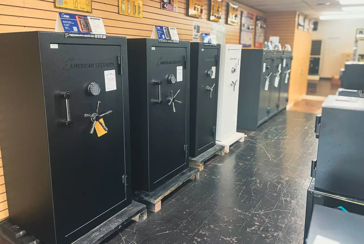 Rows of American Security safes on the Houston Safe & Lock showroom floor