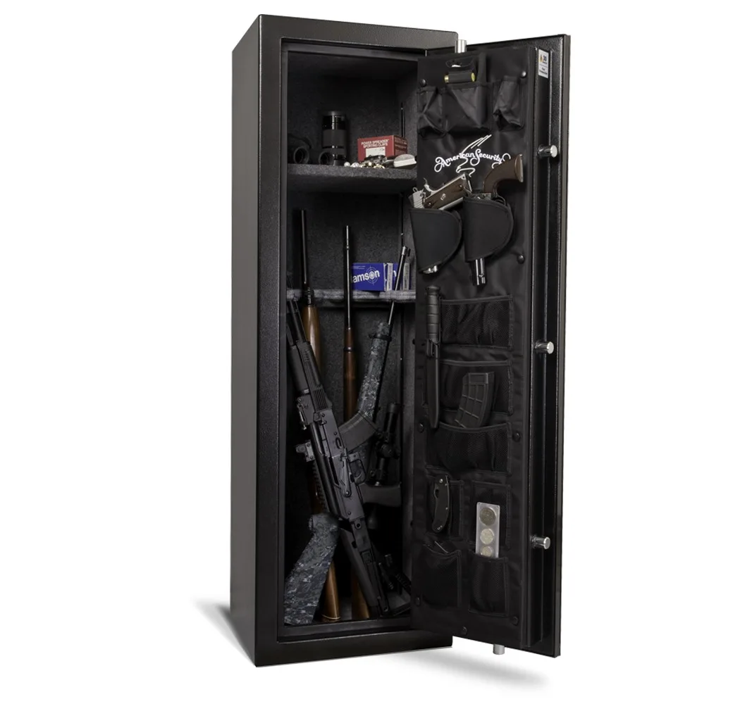 Black American Security TF5517 gun safe shown open with an organized interior