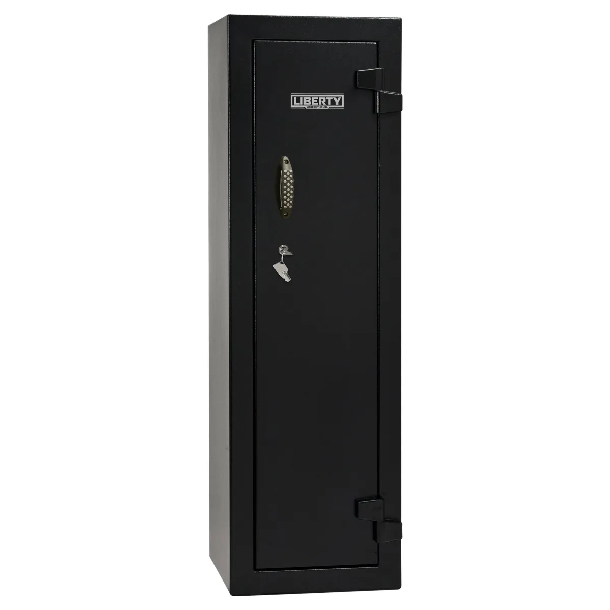 Black Liberty Ammo Cabinet 10 shown closed with its keyed lock, pull handle, and external hinges visible.