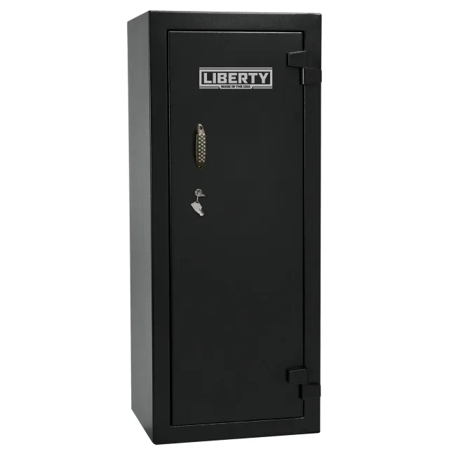 Black Liberty Ammo Cabinet 13 shown closed with its keyed lock, pull handle, and external hinges visible.