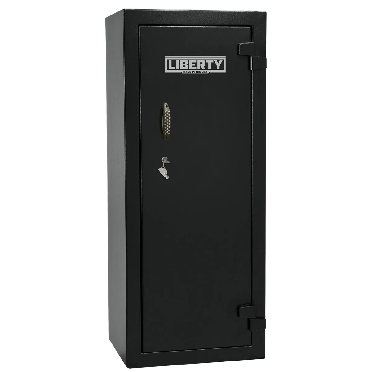 Black Liberty Ammo Cabinet 13 shown closed with its keyed lock, pull handle, and external hinges visible.