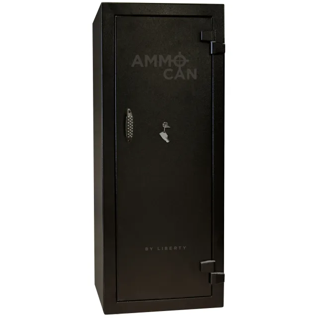 Black Liberty Ammo Can 18 cabinet shown closed with its keyed lock, pull handle, and external hinges visible.