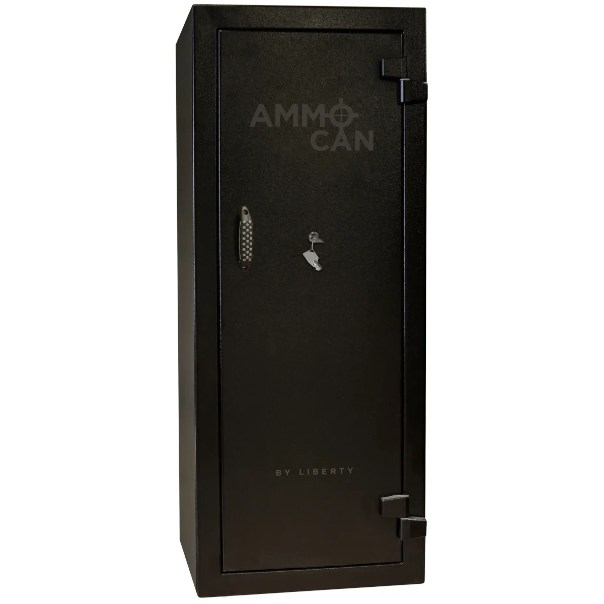 Black Liberty Ammo Can 18 cabinet shown closed with its keyed lock, pull handle, and external hinges visible.