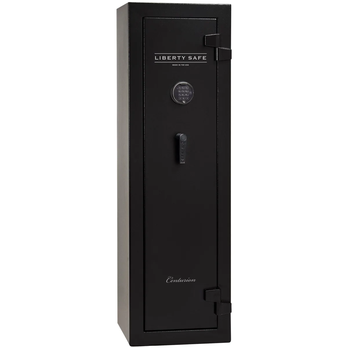 Liberty Centurion 12 shown closed in black with an electronic keypad, a vertical pull handle, and external hinges.