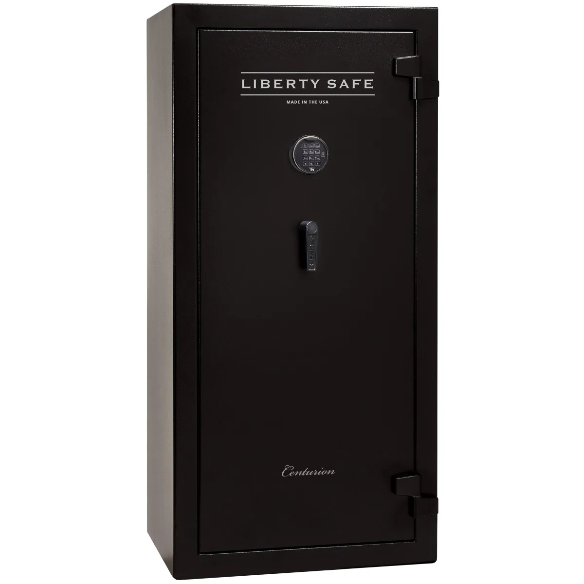Liberty Centurion 24 shown closed in black with an electronic keypad, a vertical pull handle, and external hinges.
