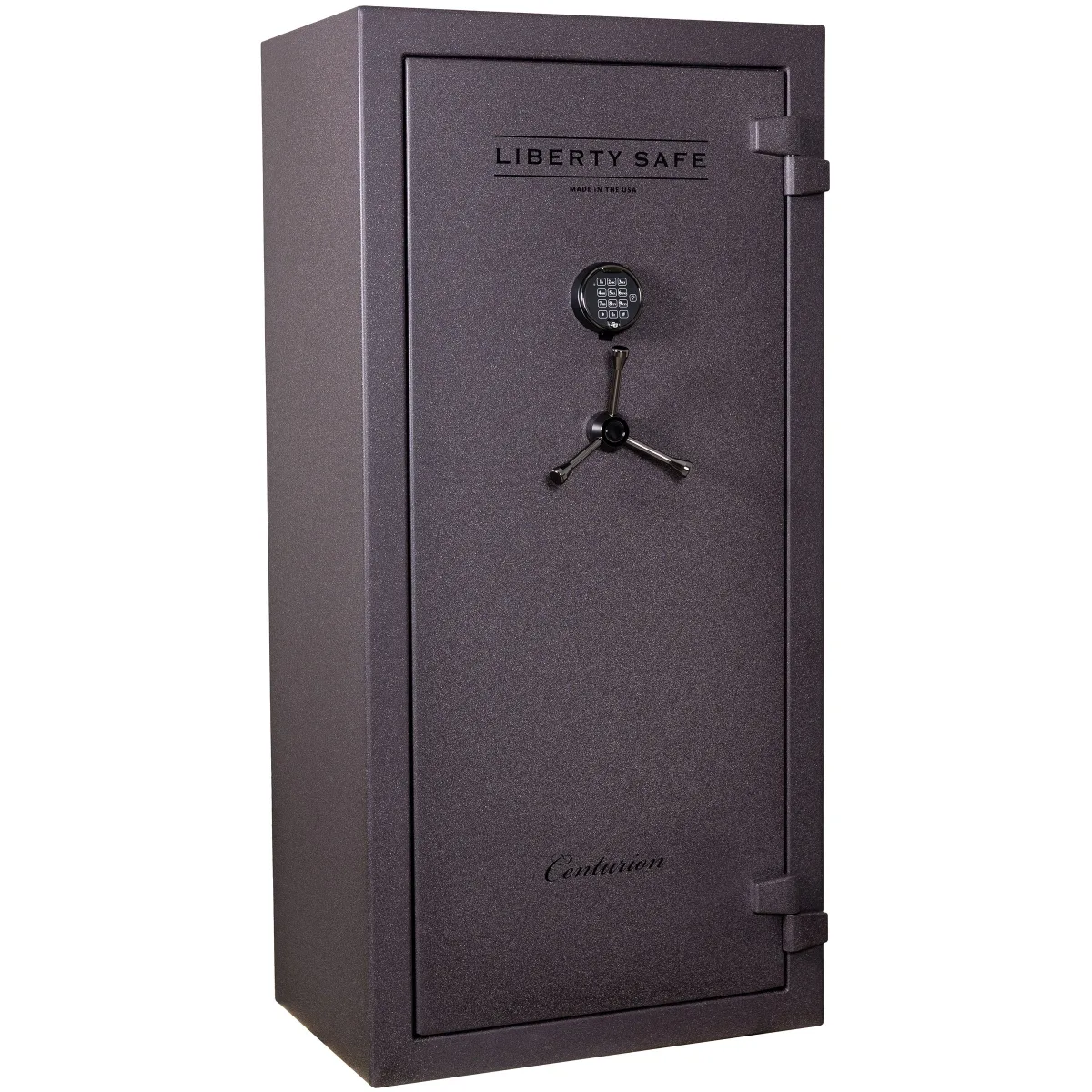 Liberty Centurion 24 shown closed in dark plum with an electronic keypad, a three-spoke handle, and external hinges.