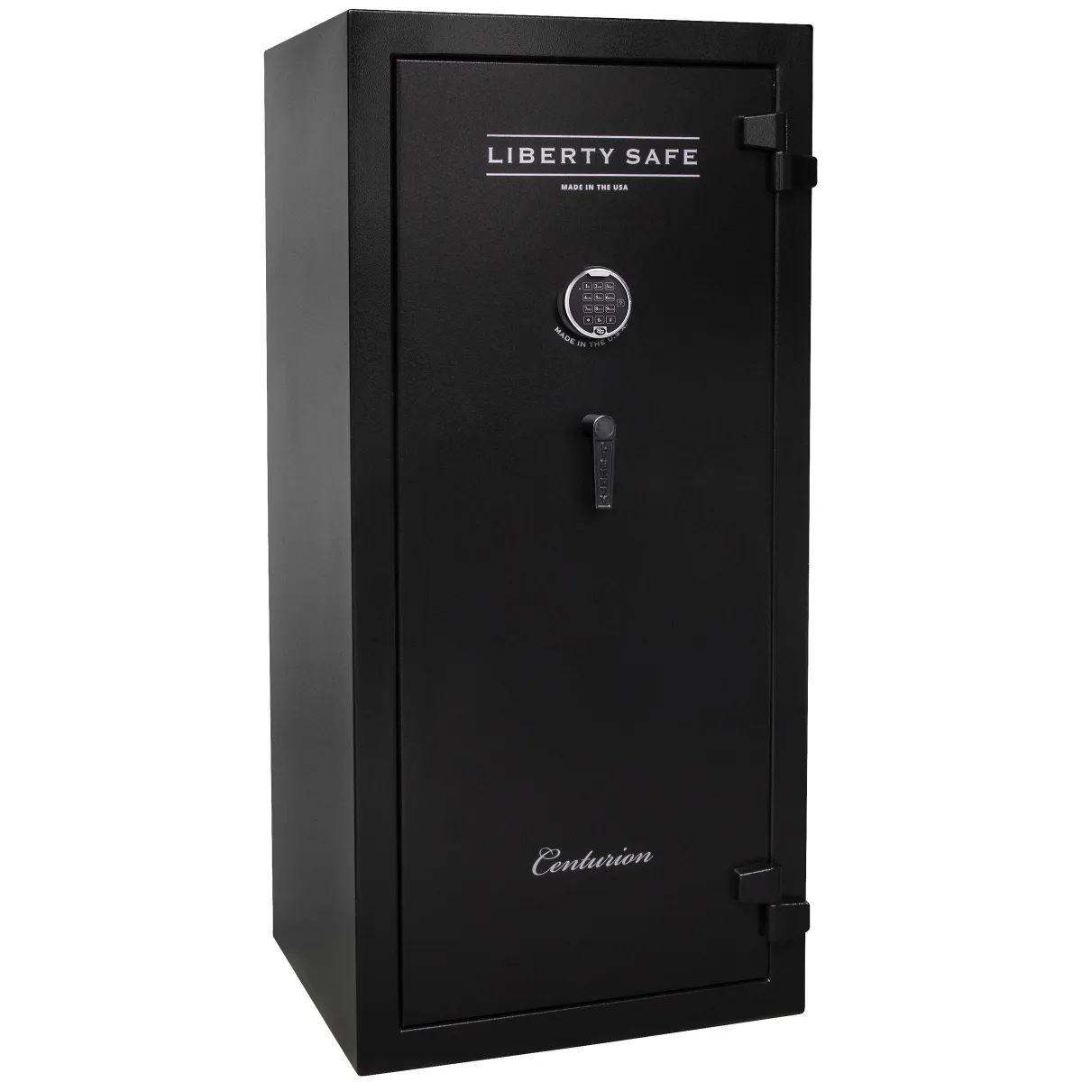 Liberty Centurion 32 shown closed in black with an electronic keypad, a vertical pull handle, and external hinges.