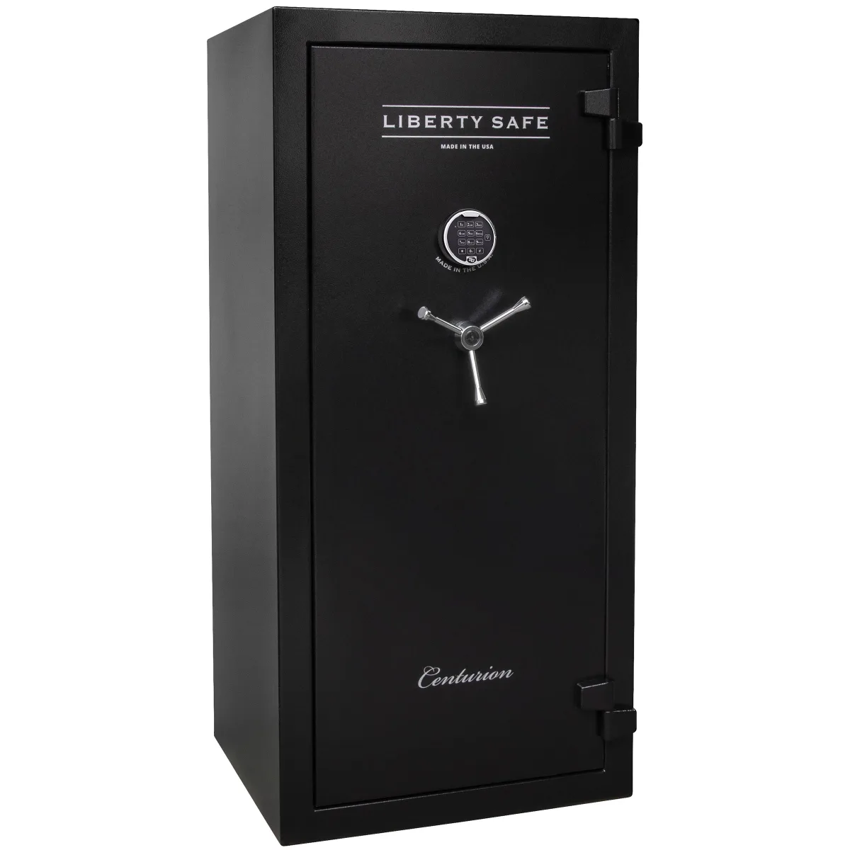 Liberty Centurion 32 shown closed in black with an electronic keypad, a three-spoke handle, and external hinges.
