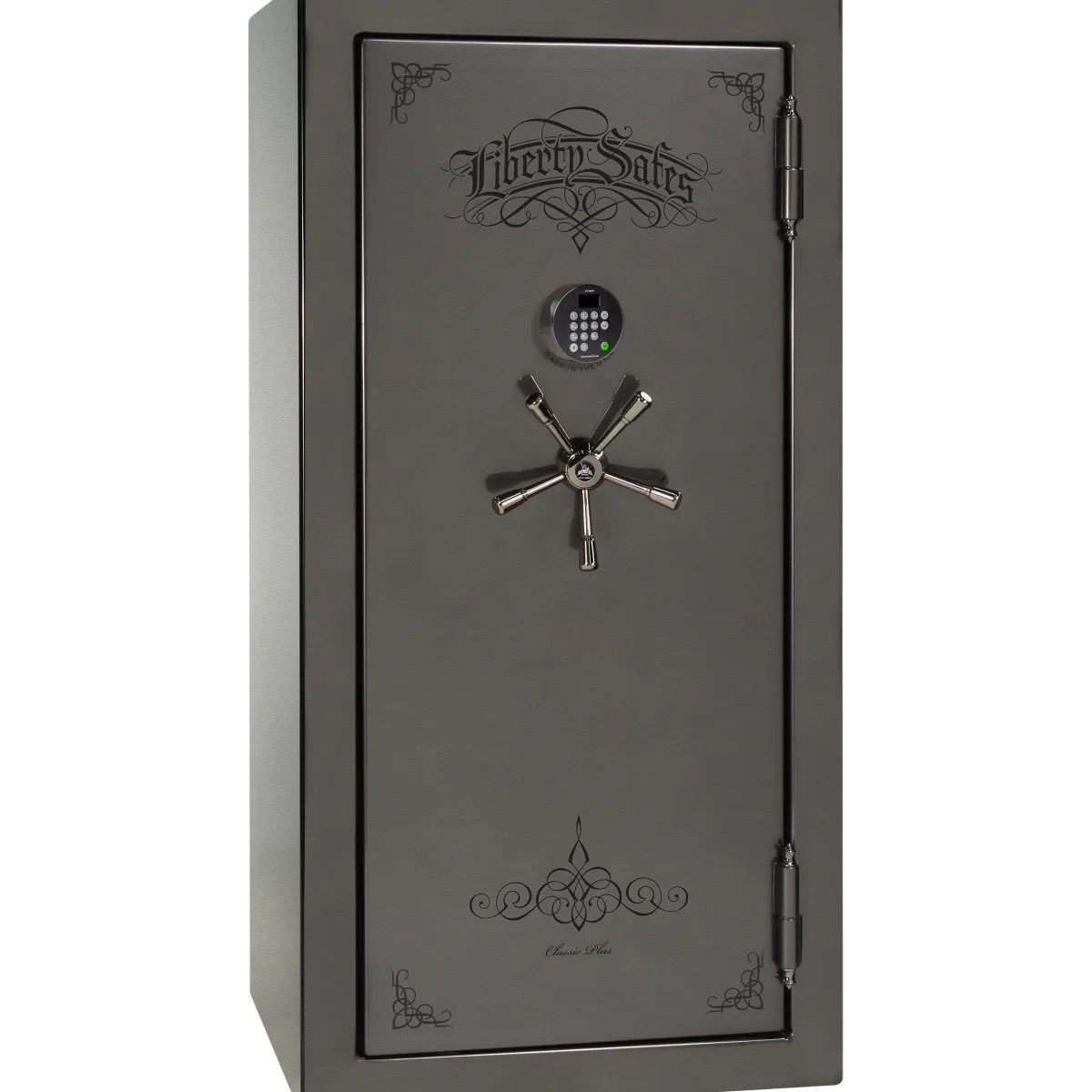 Liberty Classic Plus 25 shown closed in gray with an electronic keypad, a spoke handle, and decorative door graphics.