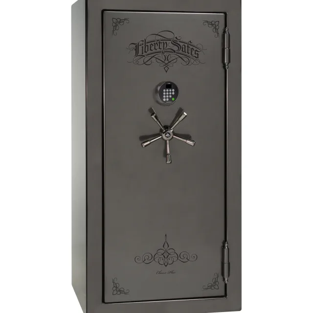 Liberty Classic Plus 25 shown closed in gray with an electronic keypad, a spoke handle, and decorative door graphics.
