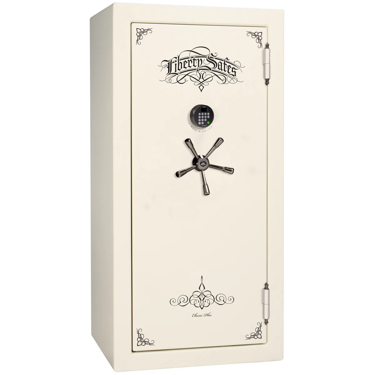 Liberty Classic Plus 25 shown closed in cream with an electronic keypad, a spoke handle, and decorative door graphics.