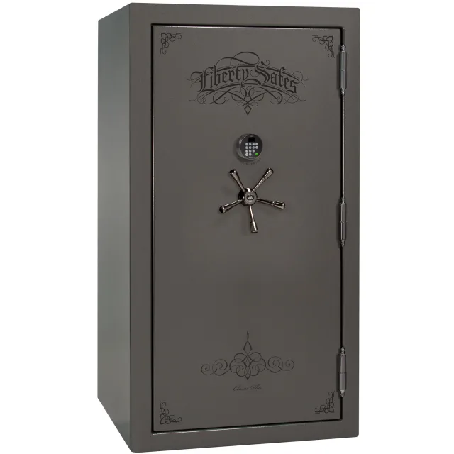 Liberty Classic Plus 40 shown closed in gray with an electronic keypad, a spoke handle, and decorative door graphics.