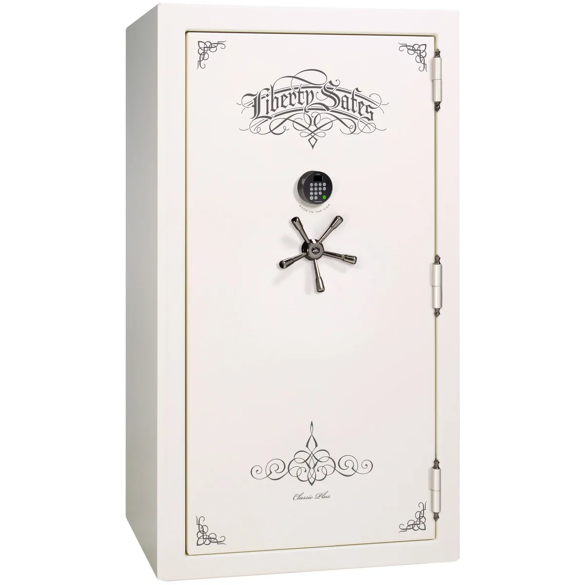 Liberty Classic Plus 40 shown closed in cream with an electronic keypad, a spoke handle, and decorative door graphics.