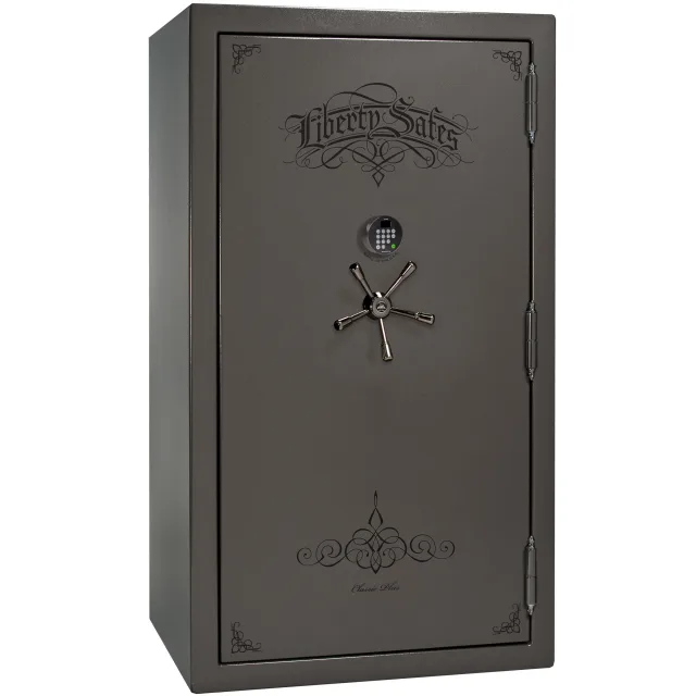 Liberty Classic Plus 50 shown closed in gray with an electronic keypad, a spoke handle, and decorative door graphics.