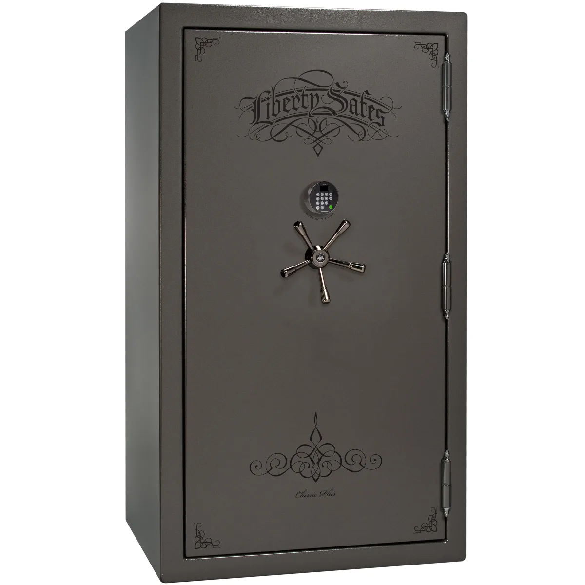 Liberty Classic Plus 50 shown closed in gray with an electronic keypad, a spoke handle, and decorative door graphics.