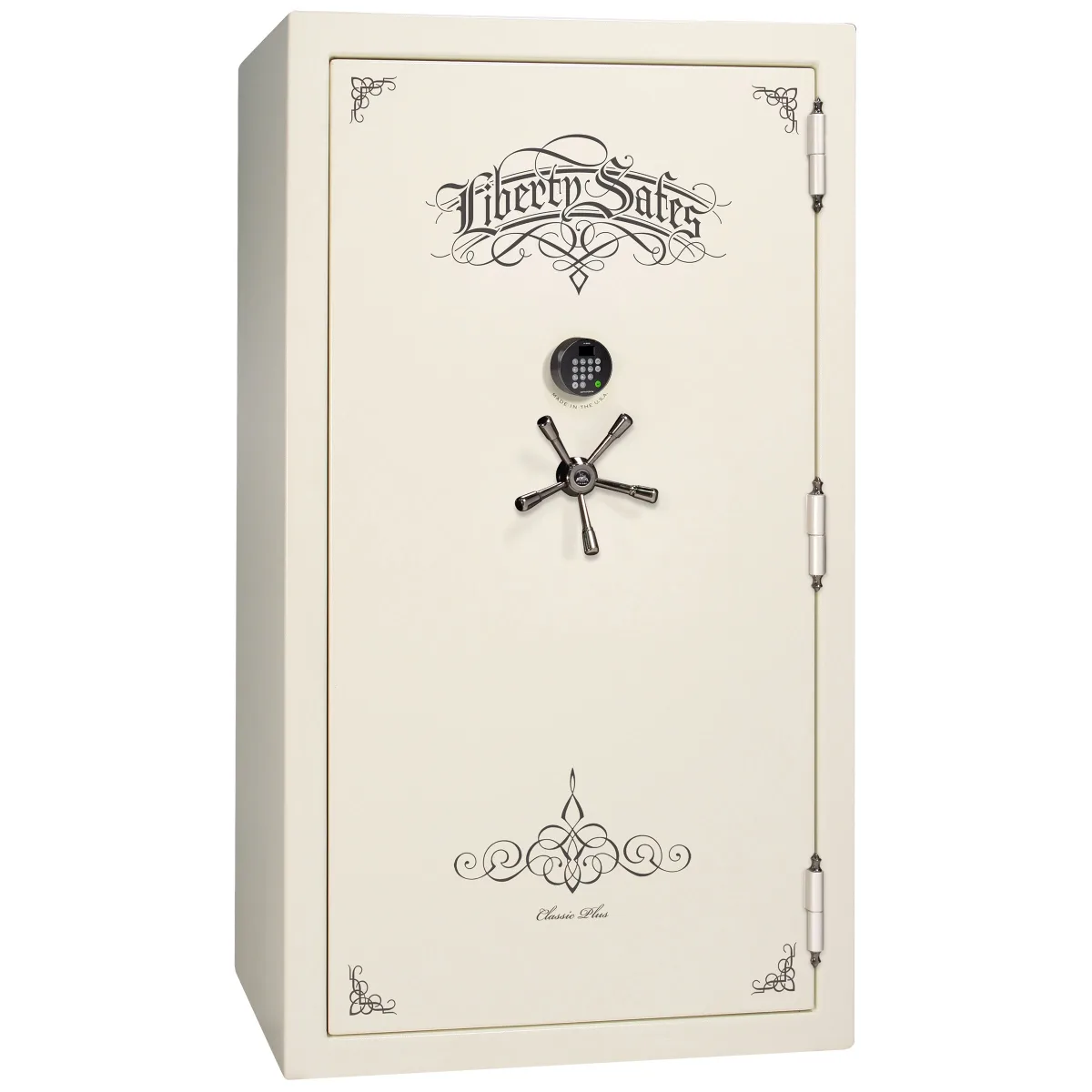 Liberty Classic Plus 50 shown closed in cream with an electronic keypad, a spoke handle, and decorative door graphics.