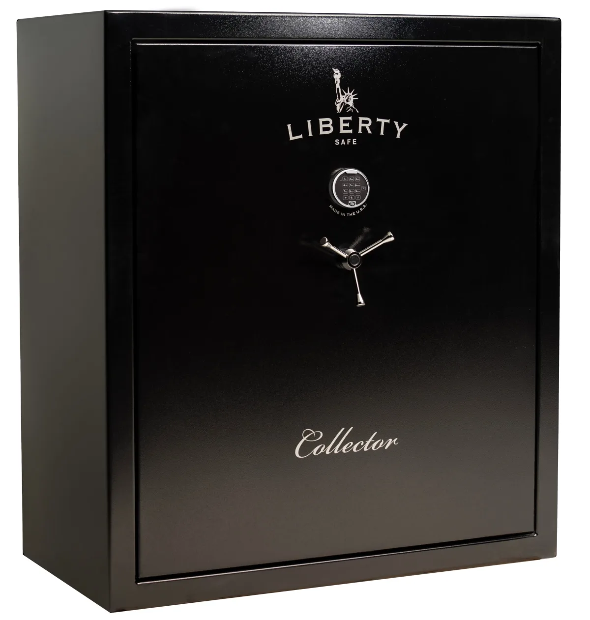 Liberty Collector shown closed in black with an electronic keypad and a three-spoke handle.