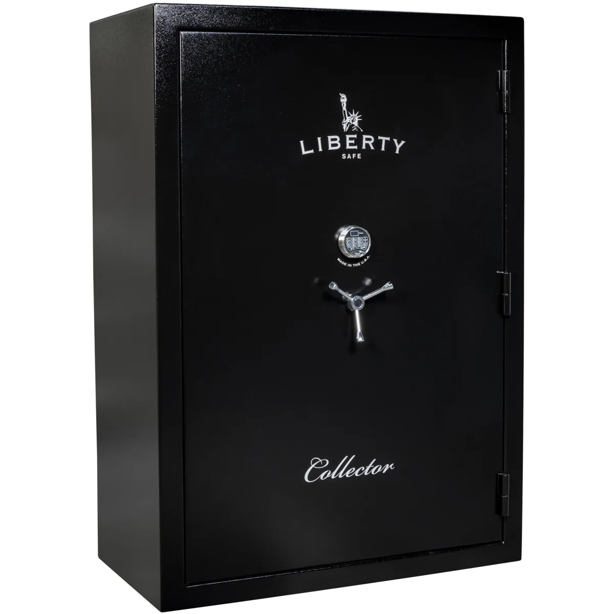 Liberty Collector T shown closed in black with a mechanical dial, a three-spoke handle, and external hinges.