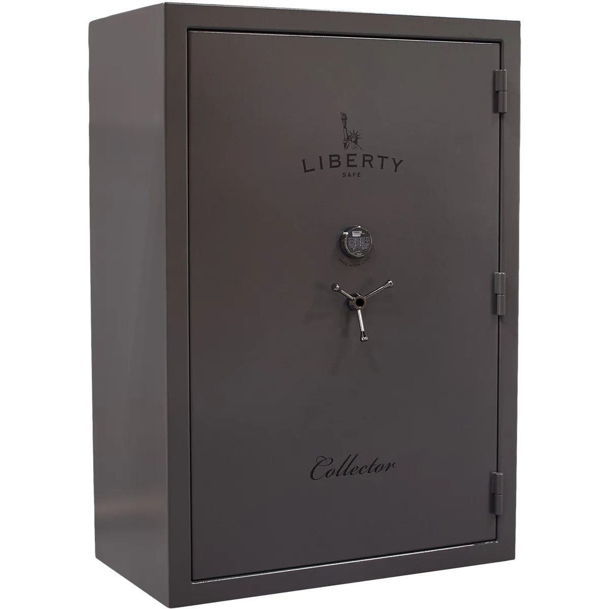 Liberty Collector T shown closed in gray with a mechanical dial, a three-spoke handle, and external hinges.