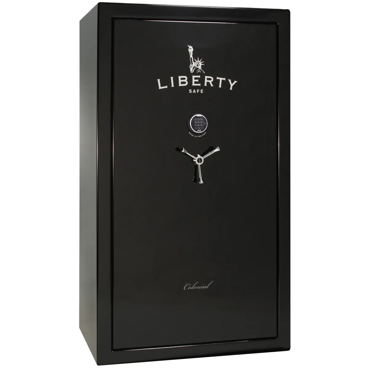 Liberty Colonial 50 shown closed in black with an electronic keypad and a three-spoke handle.