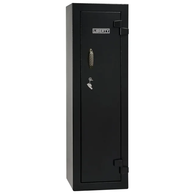 Black Liberty Gun Cabinet 14 shown closed with its keyed lock, pull handle, and external hinges visible.