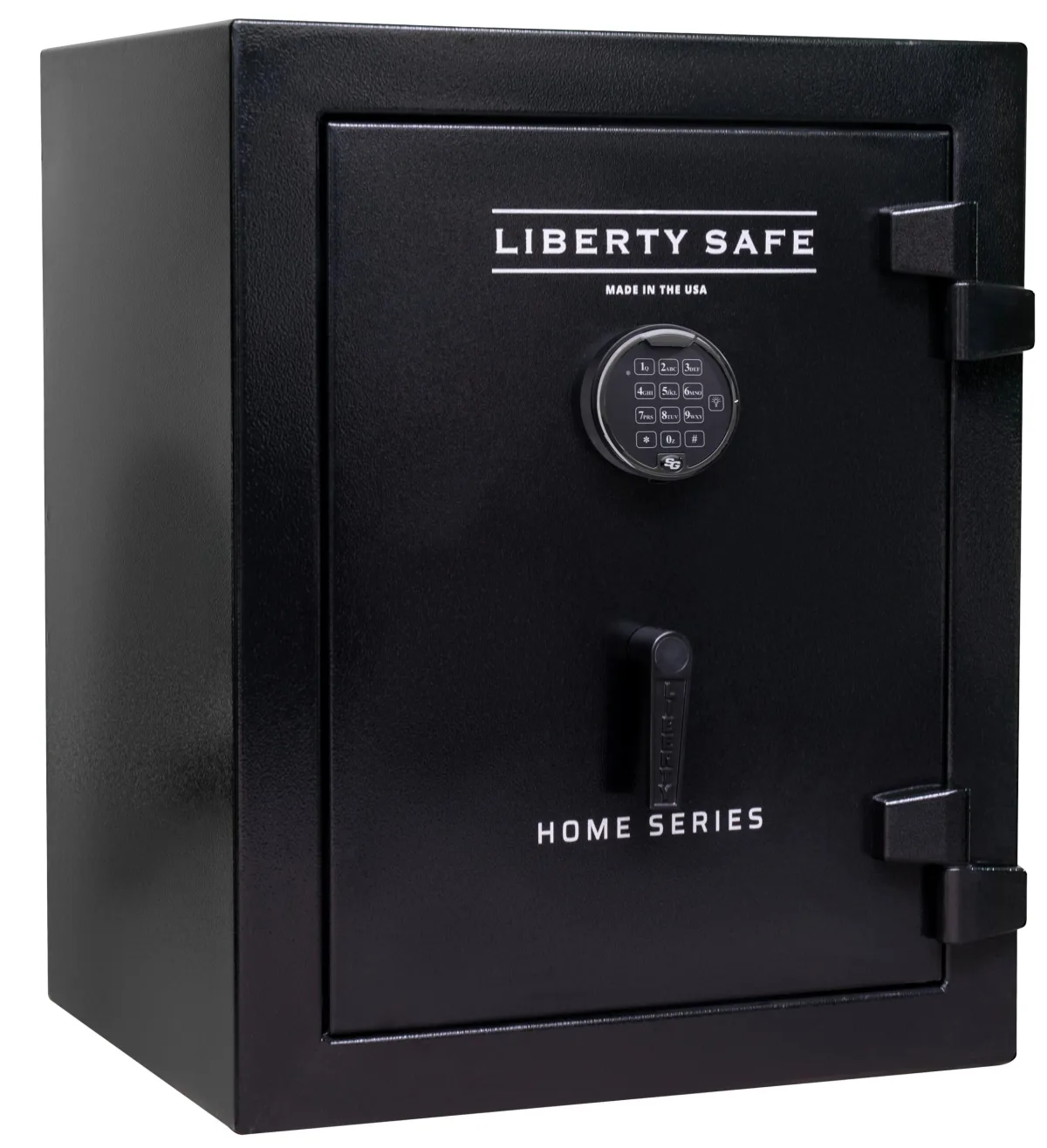 Liberty Home 08 shown closed in black with an electronic keypad, a vertical pull handle, and external hinges.