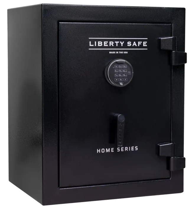 Liberty Home 08 shown closed in black with an electronic keypad, a vertical pull handle, and external hinges.
