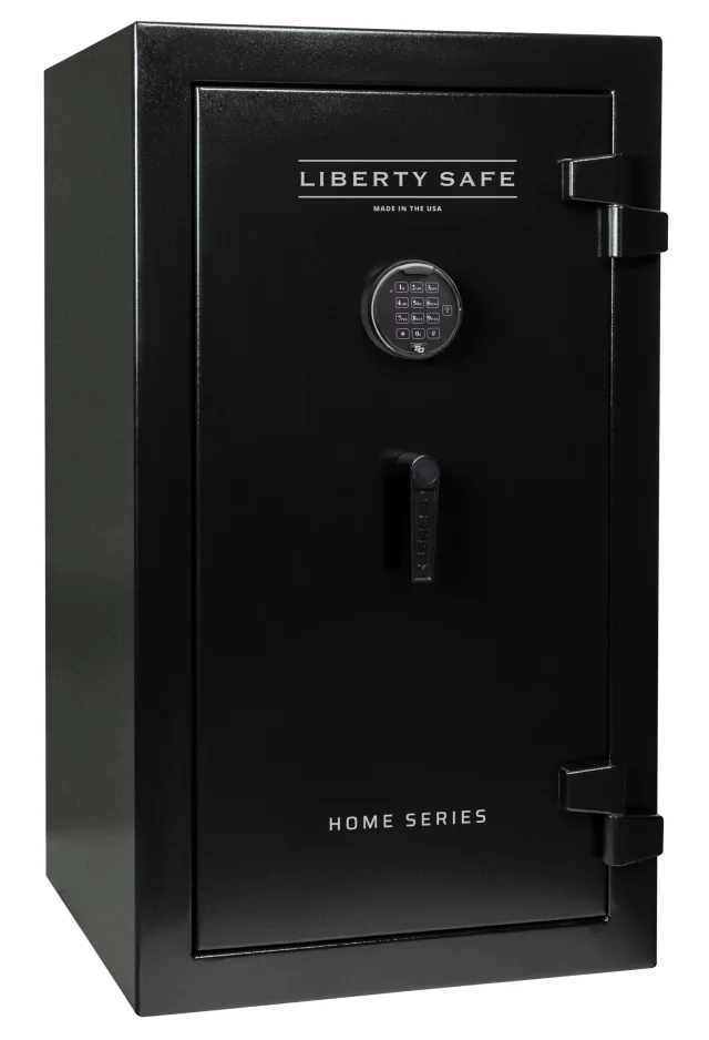 Liberty Home 12 shown closed in black with an electronic keypad, a vertical pull handle, and external hinges.