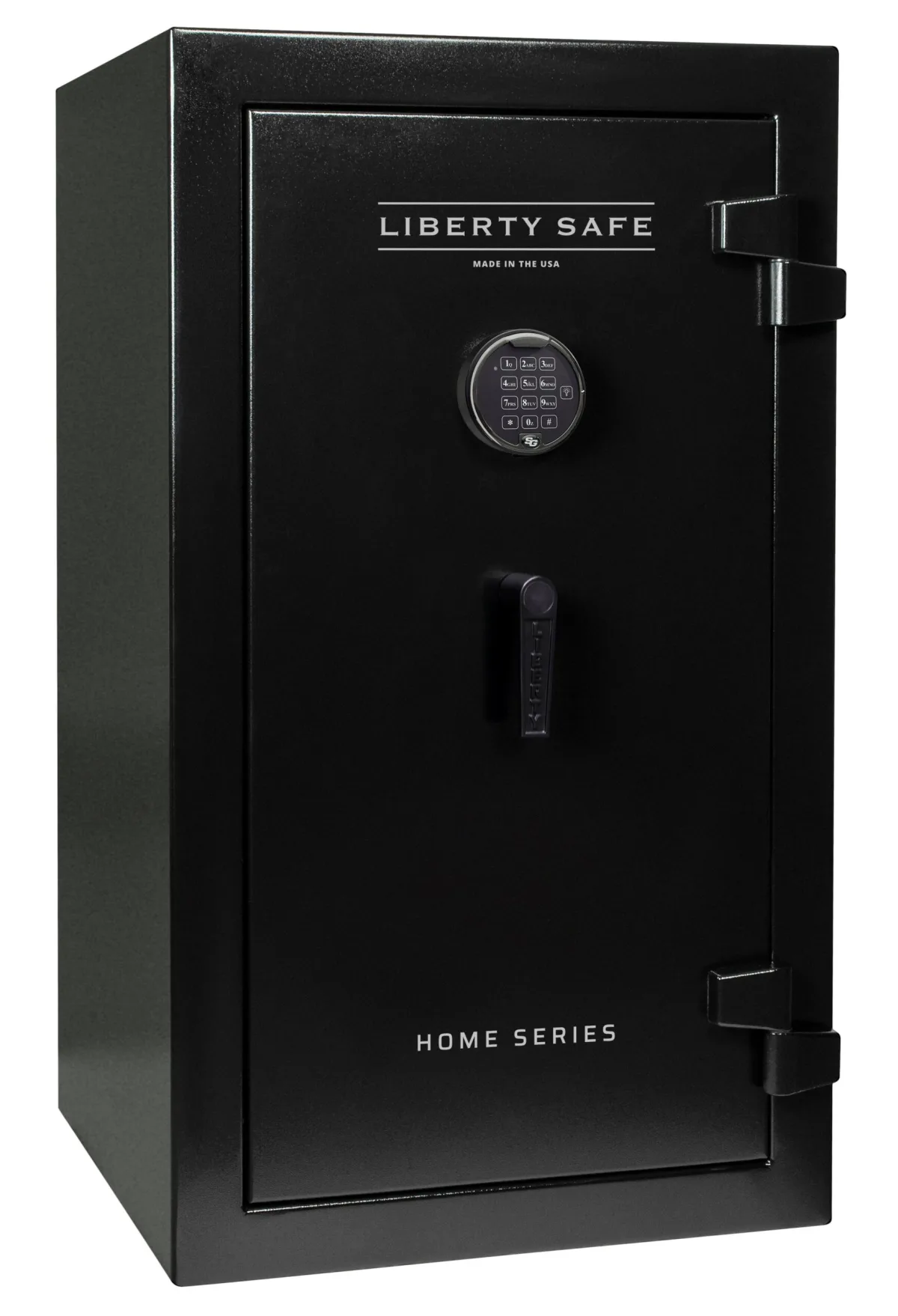 Liberty Home 12 shown closed in black with an electronic keypad, a vertical pull handle, and external hinges.