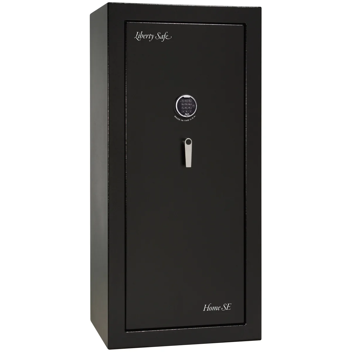 Liberty Home SE shown closed in black with an electronic keypad and a vertical drop handle.