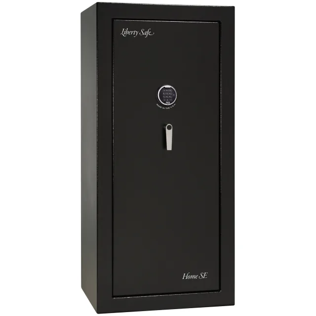 Liberty Home SE shown closed in black with an electronic keypad and a vertical drop handle.