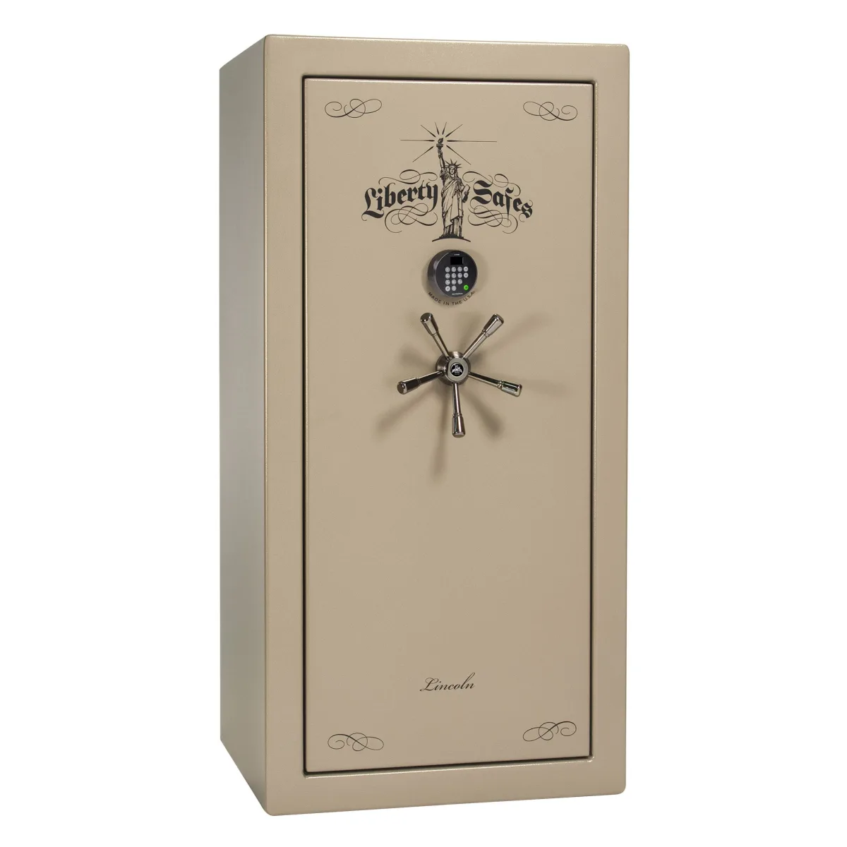 Liberty Lincoln 25 shown closed in tan with an electronic keypad, a spoke handle, and decorative door graphics.
