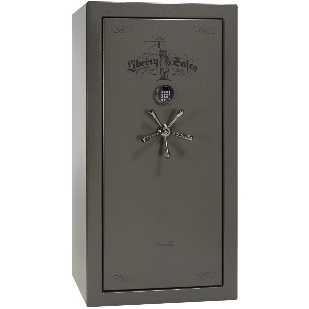 Liberty Lincoln 25 shown closed in dark gray with an electronic keypad, a spoke handle, and decorative door graphics.