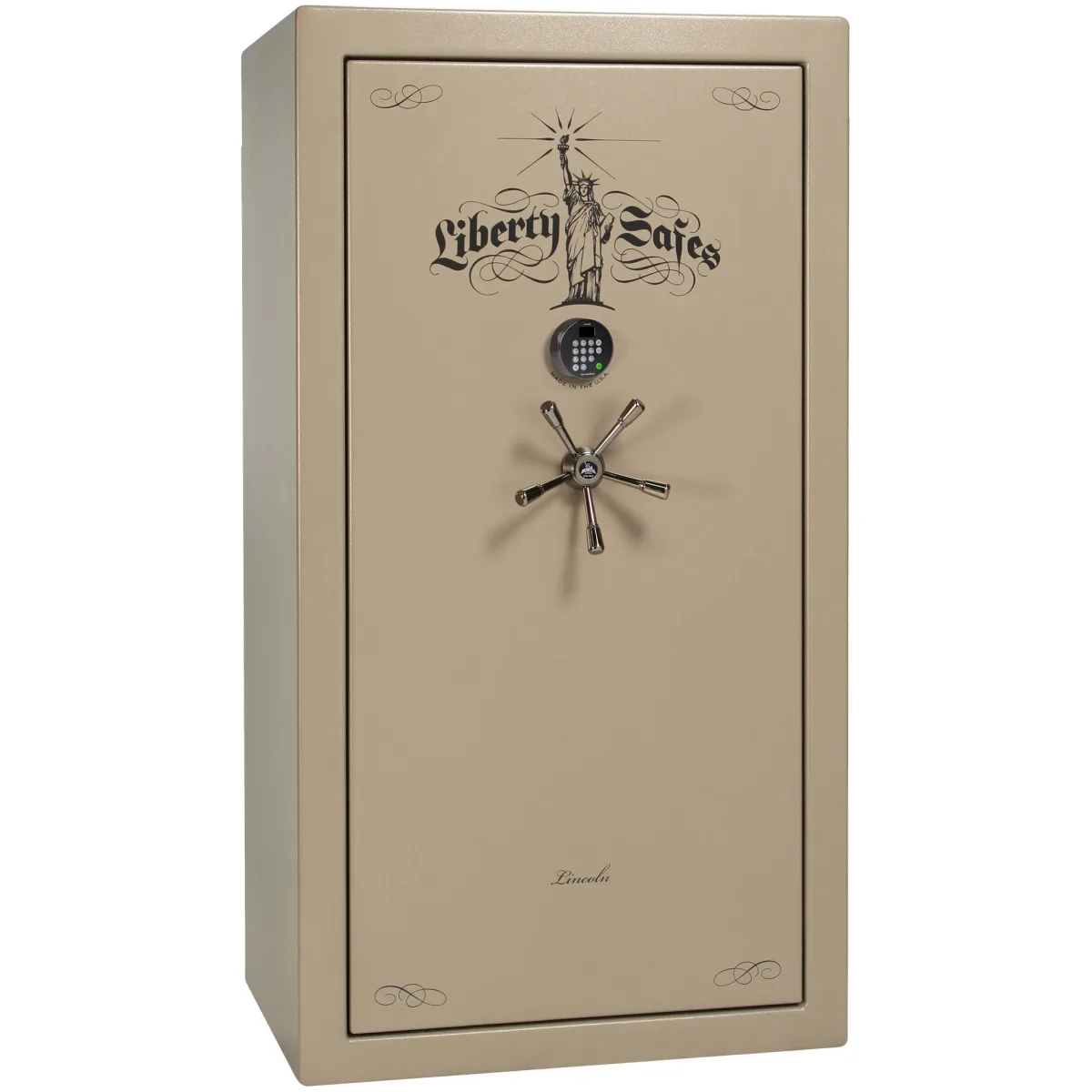 Liberty Lincoln 40 shown closed in tan with an electronic keypad, a spoke handle, and decorative door graphics.
