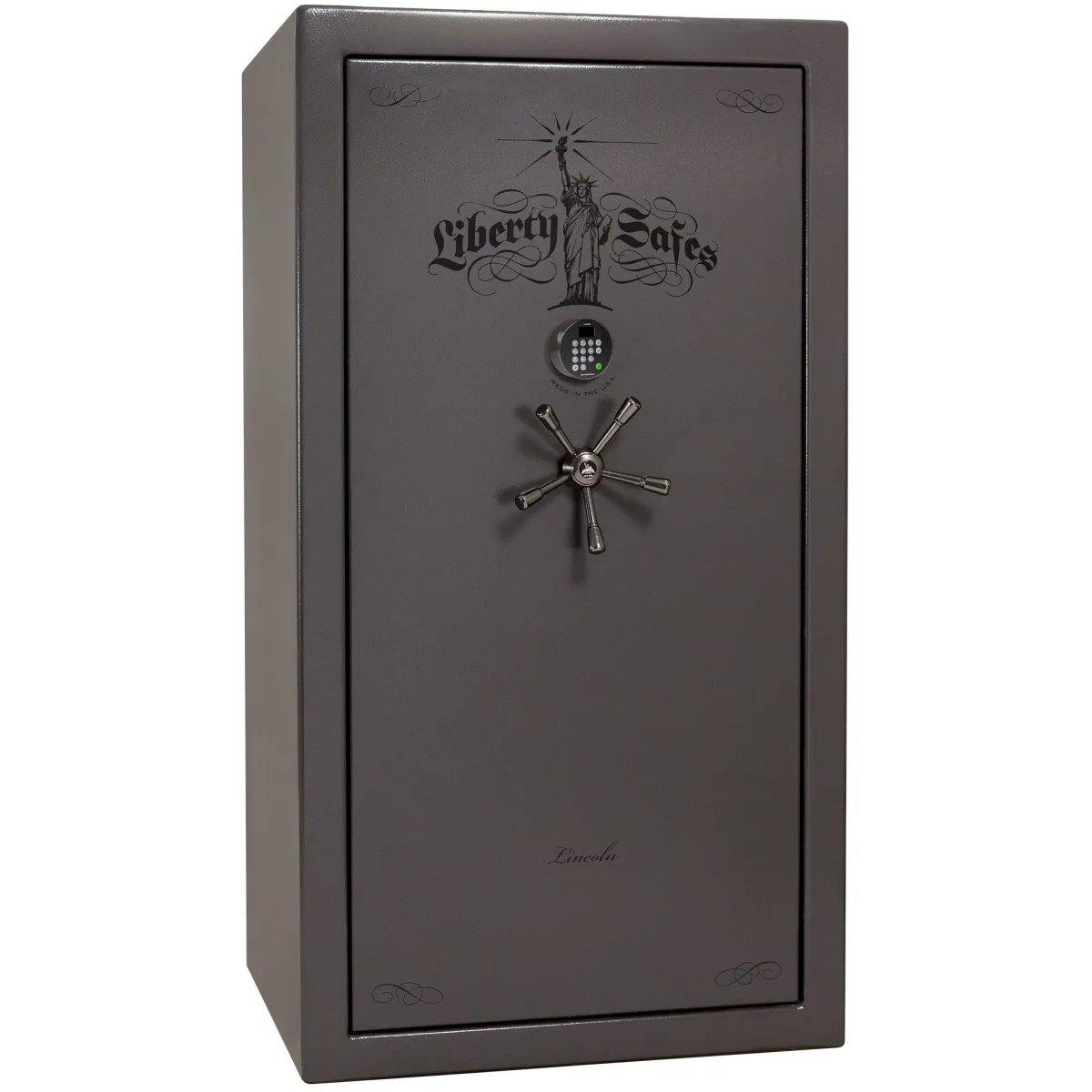 Liberty Lincoln 40 shown closed in dark gray with an electronic keypad, a spoke handle, and decorative door graphics.