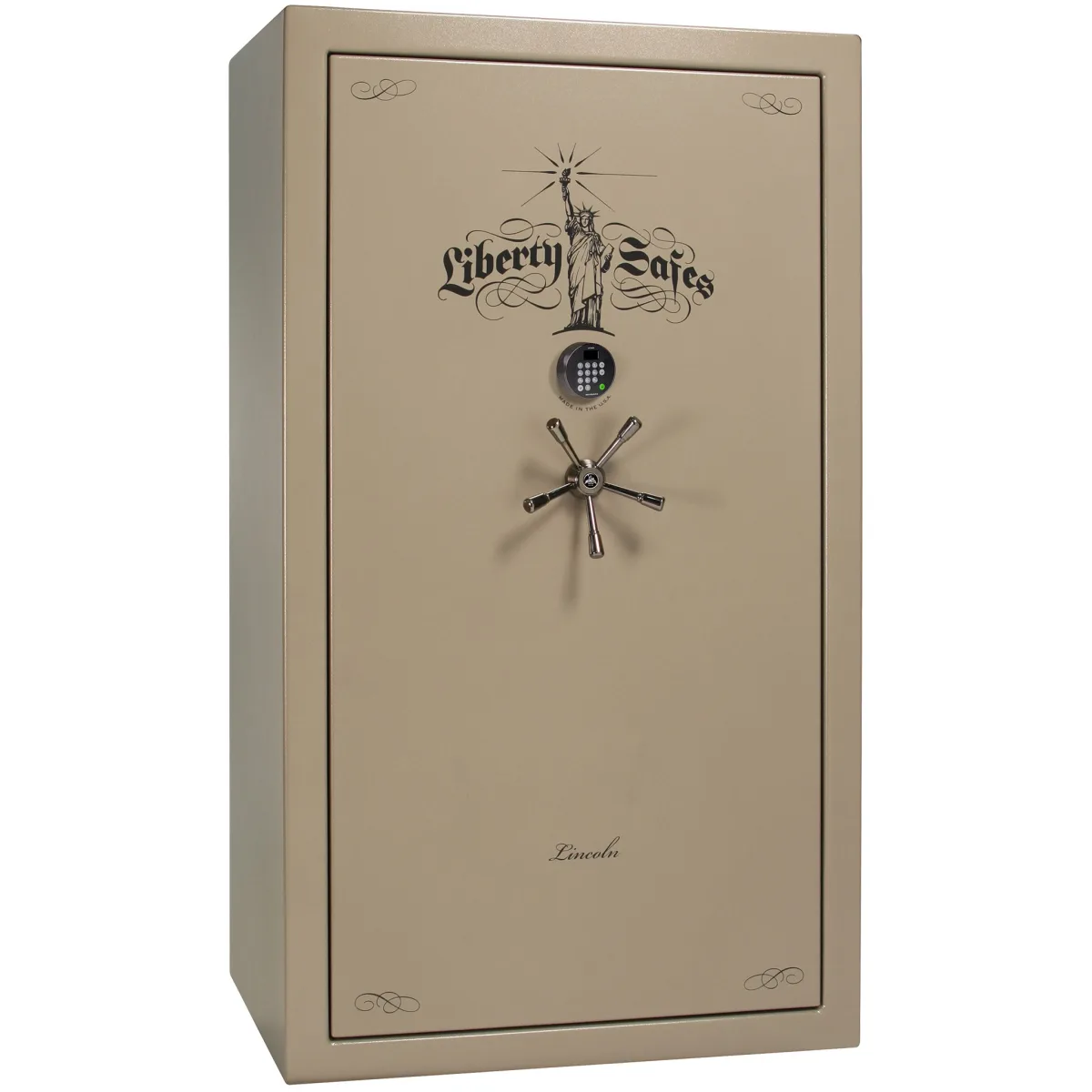 Liberty Lincoln 50 shown closed in tan with an electronic keypad, a spoke handle, and decorative door graphics.
