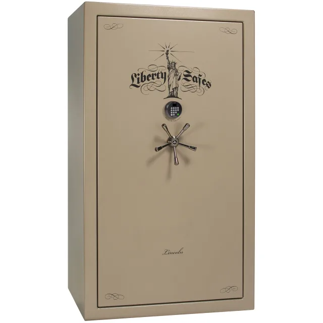 Liberty Lincoln 50 shown closed in tan with an electronic keypad, a spoke handle, and decorative door graphics.