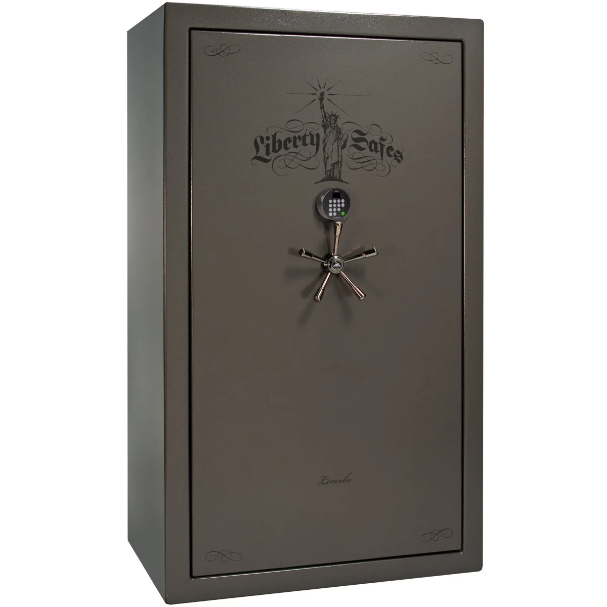 Liberty Lincoln 50 shown closed in dark gray with an electronic keypad, a spoke handle, and decorative door graphics.