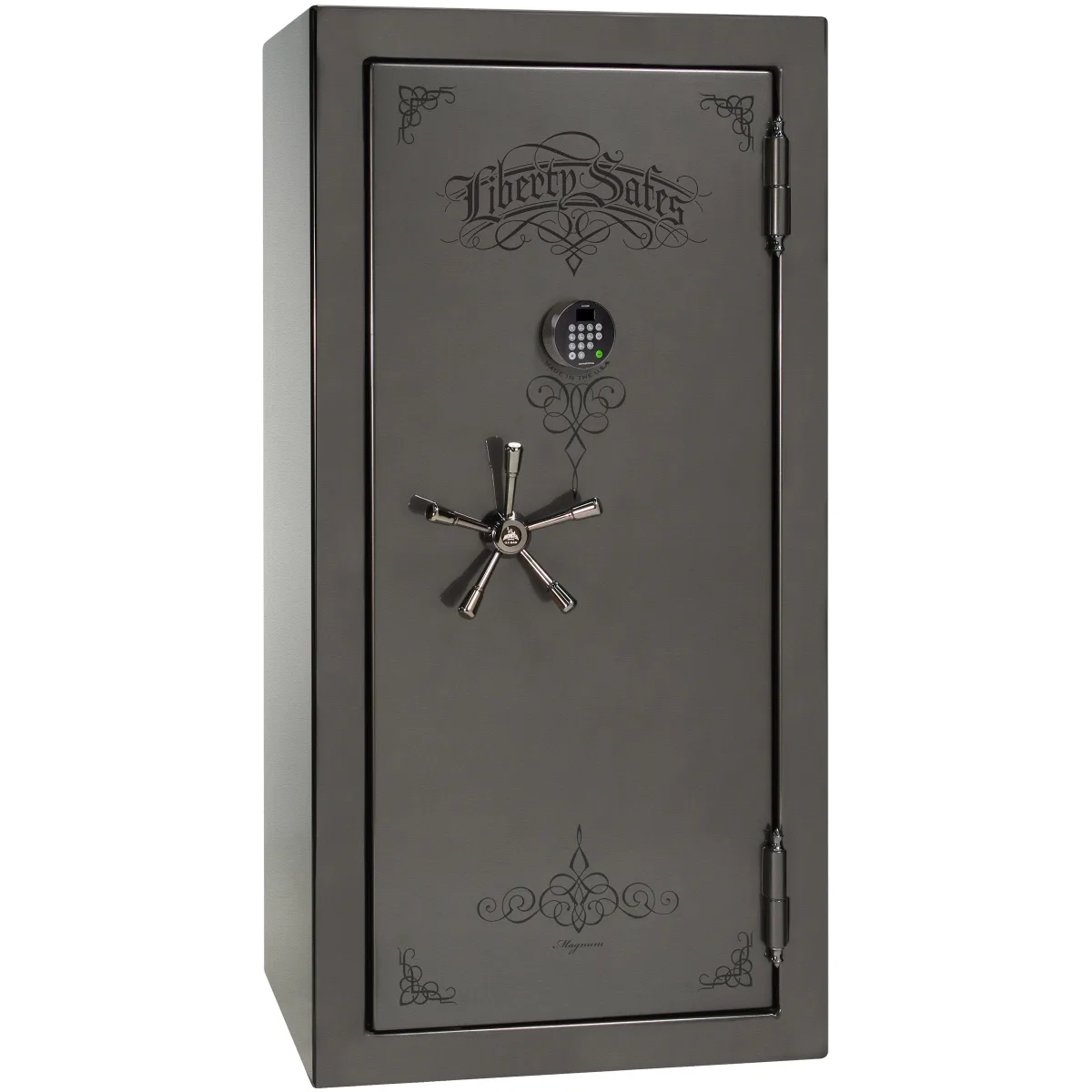Liberty Magnum 25 shown closed in gray with an electronic keypad, a spoke handle, and decorative door graphics.
