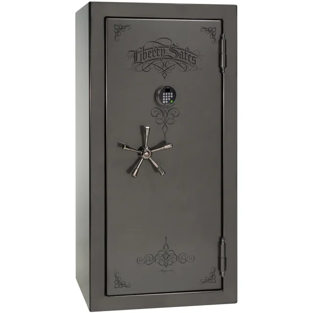Liberty Magnum 25 shown closed in gray with an electronic keypad, a spoke handle, and decorative door graphics.