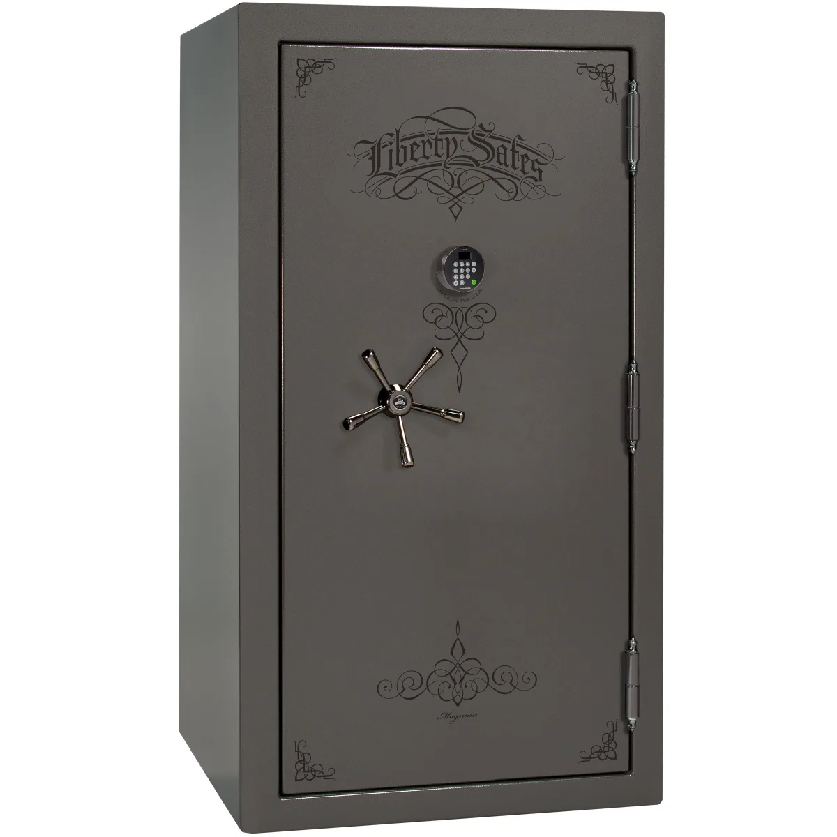 Liberty Magnum 40 shown closed in gray with an electronic keypad, a spoke handle, and decorative door graphics.