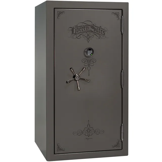 Liberty Magnum 40 shown closed in gray with an electronic keypad, a spoke handle, and decorative door graphics.