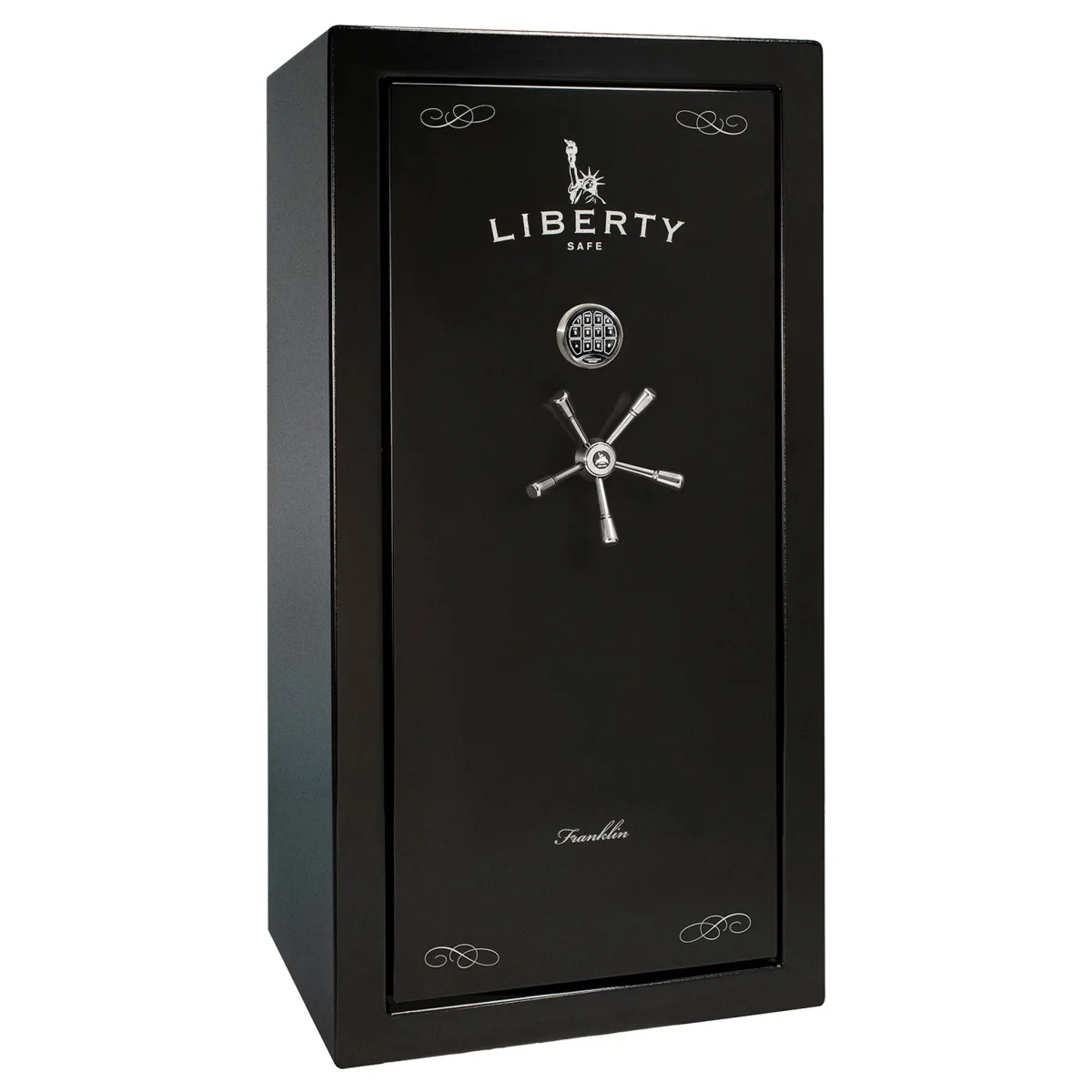 Liberty New Franklin 29 shown closed in black with a mechanical dial, a spoke handle, and decorative corner details.