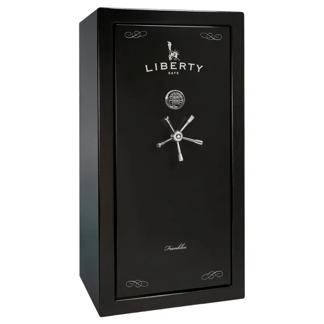 Liberty New Franklin 29 shown closed in black with a mechanical dial, a spoke handle, and decorative corner details.
