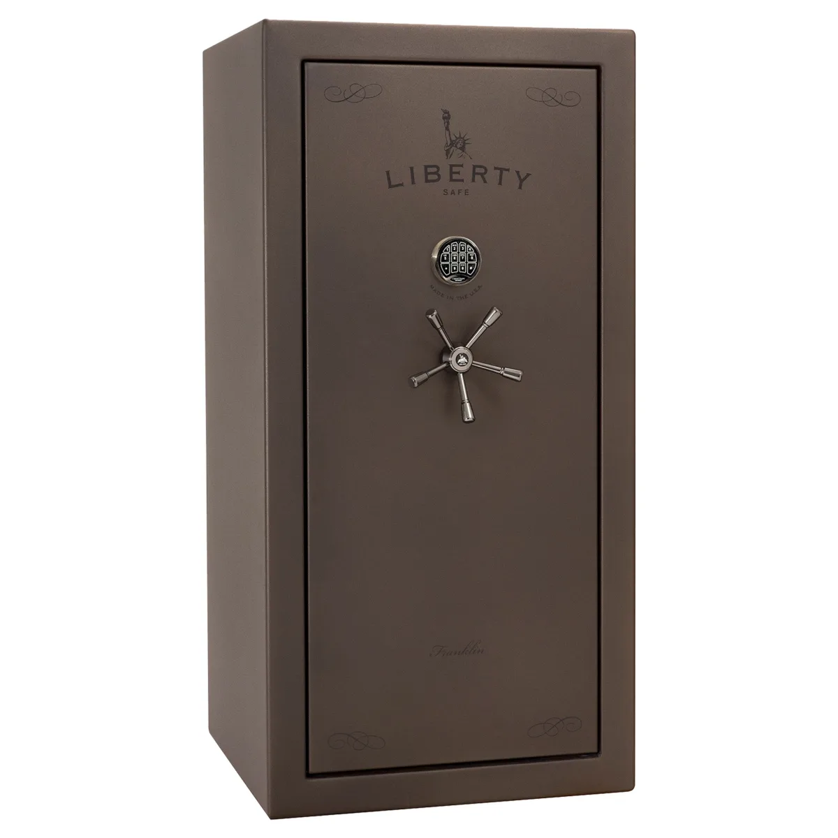 Liberty New Franklin 29 shown closed in brown with a mechanical dial, a spoke handle, and decorative corner details.